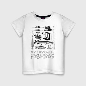 Детская футболка хлопок с принтом Моя любимая рыбалка в Петрозаводске, 100% хлопок | круглый вырез горловины, полуприлегающий силуэт, длина до линии бедер | cap | coil | fishing | fishing line | float | hook | pike | spinning | spoon | trout | wellingtons | блесна | катушка | крючок | леска | поплавок | рыбалка | сапоги | спиннинг | форель | шляпа | щука