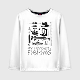 Детский лонгслив хлопок с принтом Моя любимая рыбалка в Петрозаводске, 100% хлопок | круглый вырез горловины, полуприлегающий силуэт, длина до линии бедер | cap | coil | fishing | fishing line | float | hook | pike | spinning | spoon | trout | wellingtons | блесна | катушка | крючок | леска | поплавок | рыбалка | сапоги | спиннинг | форель | шляпа | щука