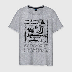 Мужская футболка хлопок с принтом Моя любимая рыбалка в Петрозаводске, 100% хлопок | прямой крой, круглый вырез горловины, длина до линии бедер, слегка спущенное плечо. | cap | coil | fishing | fishing line | float | hook | pike | spinning | spoon | trout | wellingtons | блесна | катушка | крючок | леска | поплавок | рыбалка | сапоги | спиннинг | форель | шляпа | щука