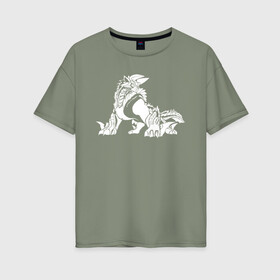 Женская футболка хлопок Oversize с принтом Monster Hunter: World в Петрозаводске, 100% хлопок | свободный крой, круглый ворот, спущенный рукав, длина до линии бедер
 | dragon | game | hunter | logo | monster | world | дракон | драконы | игра | монстр | монстры | охотник