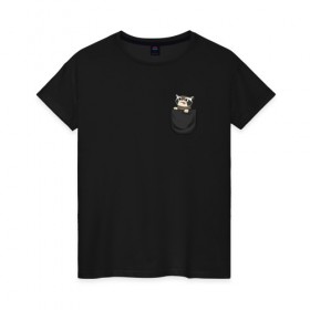 Женская футболка хлопок с принтом Енот в кармане в Петрозаводске, 100% хлопок | прямой крой, круглый вырез горловины, длина до линии бедер, слегка спущенное плечо | raccoon | енот | карман
