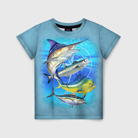 Детская футболка 3D с принтом Marlin and other fish в Петрозаводске, 100% гипоаллергенный полиэфир | прямой крой, круглый вырез горловины, длина до линии бедер, чуть спущенное плечо, ткань немного тянется | рыба | рыбак | рыбалка | снасти | увлечение | улов | хобби
