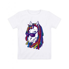Детская футболка хлопок с принтом RastaUnicorn в Петрозаводске, 100% хлопок | круглый вырез горловины, полуприлегающий силуэт, длина до линии бедер | color | dreads | glases | unicorn | дреды | единорог | конь | лошадь | очки | рог | уши | цветной
