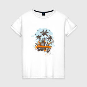 Женская футболка хлопок с принтом Музыкальный Остров в Петрозаводске, 100% хлопок | прямой крой, круглый вырез горловины, длина до линии бедер, слегка спущенное плечо | музыка | музыкальный остров | остров | пальмы | пляж | тропики