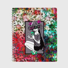 Тетрадь с принтом Enjoy Anime Flowers в Петрозаводске, 100% бумага | 48 листов, плотность листов — 60 г/м2, плотность картонной обложки — 250 г/м2. Листы скреплены сбоку удобной пружинной спиралью. Уголки страниц и обложки скругленные. Цвет линий — светло-серый
 | anime | aquarell | enjoy | flowers | glitch | retrowave | sad | sadness | vaporwave | акварель | аниме | анимэ | глитч | глич | грустно | грустный | грусть | надписи | цветы
