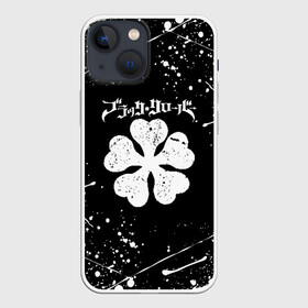 Чехол для iPhone 13 mini с принтом Черный Клевер с белыми мазками в Петрозаводске,  |  | Тематика изображения на принте: asta | black bull | black clover | bull | clover | аста | бык | клевер | чёрный бык | чёрный клевер