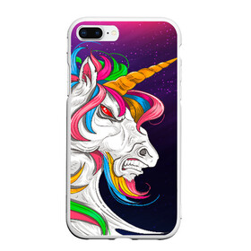 Чехол для iPhone 7Plus/8 Plus матовый с принтом Angry Unicorn в Петрозаводске, Силикон | Область печати: задняя сторона чехла, без боковых панелей | cosmos | hair | rainbow | stars | unicorn | волосы | глаза | единорог | злой | зубы | космос | лошадь | радуга