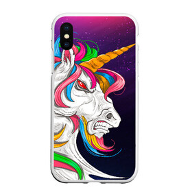 Чехол для iPhone XS Max матовый с принтом Angry Unicorn в Петрозаводске, Силикон | Область печати: задняя сторона чехла, без боковых панелей | cosmos | hair | rainbow | stars | unicorn | волосы | глаза | единорог | злой | зубы | космос | лошадь | радуга