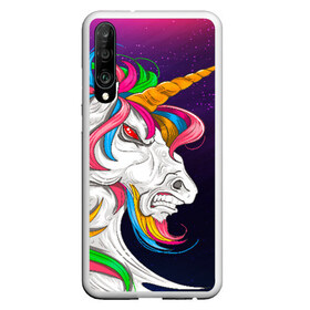 Чехол для Honor P30 с принтом Angry Unicorn в Петрозаводске, Силикон | Область печати: задняя сторона чехла, без боковых панелей | Тематика изображения на принте: cosmos | hair | rainbow | stars | unicorn | волосы | глаза | единорог | злой | зубы | космос | лошадь | радуга