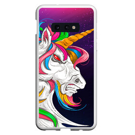 Чехол для Samsung S10E с принтом Angry Unicorn в Петрозаводске, Силикон | Область печати: задняя сторона чехла, без боковых панелей | Тематика изображения на принте: cosmos | hair | rainbow | stars | unicorn | волосы | глаза | единорог | злой | зубы | космос | лошадь | радуга