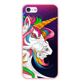 Чехол для iPhone 5/5S матовый с принтом Angry Unicorn в Петрозаводске, Силикон | Область печати: задняя сторона чехла, без боковых панелей | Тематика изображения на принте: cosmos | hair | rainbow | stars | unicorn | волосы | глаза | единорог | злой | зубы | космос | лошадь | радуга