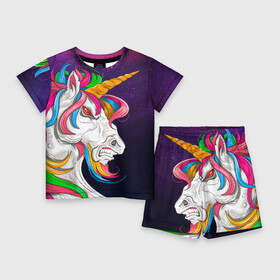 Детский костюм с шортами 3D с принтом Angry Unicorn в Петрозаводске,  |  | cosmos | hair | rainbow | stars | unicorn | волосы | глаза | единорог | злой | зубы | космос | лошадь | радуга