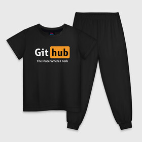 Детская пижама хлопок с принтом GitHub Fork Place в Петрозаводске, 100% хлопок |  брюки и футболка прямого кроя, без карманов, на брюках мягкая резинка на поясе и по низу штанин
 | Тематика изображения на принте: git hub | github | it | кодинг