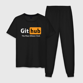 Мужская пижама хлопок с принтом GitHub Fork Place в Петрозаводске, 100% хлопок | брюки и футболка прямого кроя, без карманов, на брюках мягкая резинка на поясе и по низу штанин
 | Тематика изображения на принте: git hub | github | it | кодинг