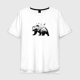Мужская футболка хлопок Oversize с принтом Медведь в Петрозаводске, 100% хлопок | свободный крой, круглый ворот, “спинка” длиннее передней части | Тематика изображения на принте: горы | медведь | минимализм | птицы