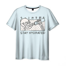 Мужская футболка 3D с принтом STAY HYDRATED в Петрозаводске, 100% полиэфир | прямой крой, круглый вырез горловины, длина до линии бедер | Тематика изображения на принте: death | japan | skeleton | sport | vegan | water | yoga | веган | вегетарианство | вода | йога | скелет | спорт | хэллоуин | череп | япония