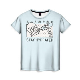 Женская футболка 3D с принтом STAY HYDRATED в Петрозаводске, 100% полиэфир ( синтетическое хлопкоподобное полотно) | прямой крой, круглый вырез горловины, длина до линии бедер | death | japan | skeleton | sport | vegan | water | yoga | веган | вегетарианство | вода | йога | скелет | спорт | хэллоуин | череп | япония