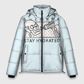 Мужская зимняя куртка 3D с принтом STAY HYDRATED в Петрозаводске, верх — 100% полиэстер; подкладка — 100% полиэстер; утеплитель — 100% полиэстер | длина ниже бедра, свободный силуэт Оверсайз. Есть воротник-стойка, отстегивающийся капюшон и ветрозащитная планка. 

Боковые карманы с листочкой на кнопках и внутренний карман на молнии. | Тематика изображения на принте: death | japan | skeleton | sport | vegan | water | yoga | веган | вегетарианство | вода | йога | скелет | спорт | хэллоуин | череп | япония