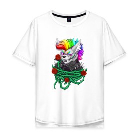 Мужская футболка хлопок Oversize с принтом Красочный Волчонок в Петрозаводске, 100% хлопок | свободный крой, круглый ворот, “спинка” длиннее передней части | волк | краски | красочный волчонок | радуга | рисунок | розы | тернии | цветы