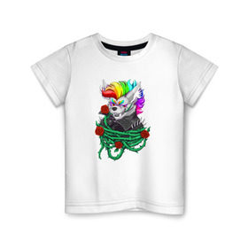 Детская футболка хлопок с принтом Красочный Волчонок в Петрозаводске, 100% хлопок | круглый вырез горловины, полуприлегающий силуэт, длина до линии бедер | волк | краски | красочный волчонок | радуга | рисунок | розы | тернии | цветы