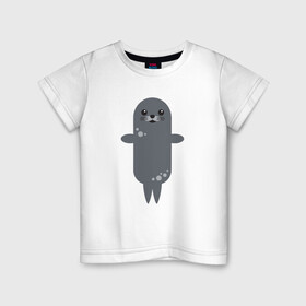 Детская футболка хлопок с принтом Миленький тюлень в Петрозаводске, 100% хлопок | круглый вырез горловины, полуприлегающий силуэт, длина до линии бедер | животные | карикатура | милота | тюлень | тюленьчик