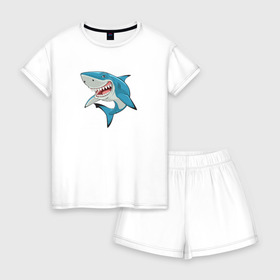 Женская пижама с шортиками хлопок с принтом Акула в Петрозаводске, 100% хлопок | футболка прямого кроя, шорты свободные с широкой мягкой резинкой | акула | рисунок