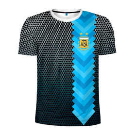Мужская футболка 3D спортивная с принтом Аргентина форма  в Петрозаводске, 100% полиэстер с улучшенными характеристиками | приталенный силуэт, круглая горловина, широкие плечи, сужается к линии бедра | аргентина | атрибутика | бег | победа | поле | сборная | соты | спорт | узор | футбол