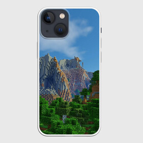 Чехол для iPhone 13 mini с принтом Minecraft в Петрозаводске,  |  | minecraft | гора | горы | дерево | деревья | игра | куб | кубик | кубики | кубические | кубический | кубы | майнкрафт