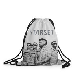 Рюкзак-мешок 3D с принтом Starset Band в Петрозаводске, 100% полиэстер | плотность ткани — 200 г/м2, размер — 35 х 45 см; лямки — толстые шнурки, застежка на шнуровке, без карманов и подкладки | logo | rock | starset | лого | рок | старсет