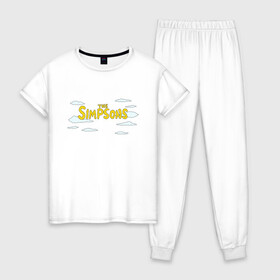 Женская пижама хлопок с принтом Симпсоны в Петрозаводске, 100% хлопок | брюки и футболка прямого кроя, без карманов, на брюках мягкая резинка на поясе и по низу штанин | Тематика изображения на принте: simpson | simpsons | заставка | логотип | надпись | название | небо | облака | семейка | симпсон | симпсоны | шрифт