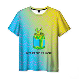 Мужская футболка 3D с принтом Pickle Rick в Петрозаводске, 100% полиэфир | прямой крой, круглый вырез горловины, длина до линии бедер | pickle | rick and morty | vdkovmar | банка | огурец | палец | прикол | рик и морти