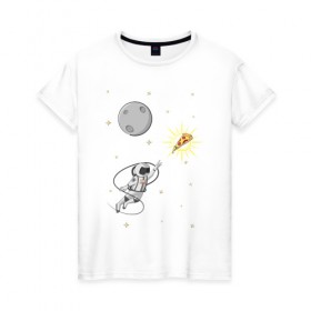 Женская футболка хлопок с принтом Пиццанавт в Петрозаводске, 100% хлопок | прямой крой, круглый вырез горловины, длина до линии бедер, слегка спущенное плечо | астронавт | графика | еда | звезды | космонавт | космос | луна | пицца | рисунок