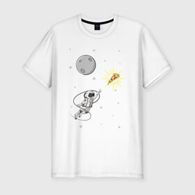 Мужская футболка премиум с принтом Пиццанавт в Петрозаводске, 92% хлопок, 8% лайкра | приталенный силуэт, круглый вырез ворота, длина до линии бедра, короткий рукав | астронавт | графика | еда | звезды | космонавт | космос | луна | пицца | рисунок