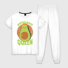 Женская пижама хлопок с принтом Авокадо Королева в Петрозаводске, 100% хлопок | брюки и футболка прямого кроя, без карманов, на брюках мягкая резинка на поясе и по низу штанин | avocado | queen | авокадо | королева | королевы | надписи | надпись