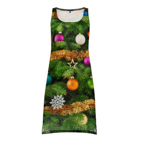 Платье-майка 3D с принтом Костюм ёлки в Петрозаводске, 100% полиэстер | полуприлегающий силуэт, широкие бретели, круглый вырез горловины, удлиненный подол сзади. | гирлянда | елка | ёлочные игрушки | ель | конфетти | мишура | новый год | пихта | снежинки | украшения | хвоя