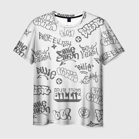 Мужская футболка 3D с принтом Billie Eilish Graffiti Gray в Петрозаводске, 100% полиэфир | прямой крой, круглый вырез горловины, длина до линии бедер | billie | eilish | graffiti | grunge | айлиш | беляш | беляшик | билли | биляш | граффити | татуировки