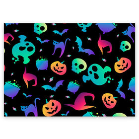 Поздравительная открытка с принтом Rainbow Halloween в Петрозаводске, 100% бумага | плотность бумаги 280 г/м2, матовая, на обратной стороне линовка и место для марки
 | Тематика изображения на принте: diy | ghost | halloween | horror | makeup | scary | trick or treat | вампир | ведьма | кошка | луна | магия | новинки | ночь | тыква | хэллоуин
