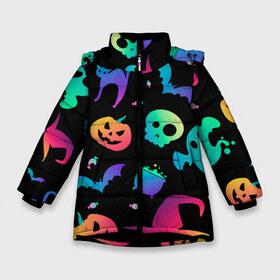 Зимняя куртка для девочек 3D с принтом Rainbow Halloween в Петрозаводске, ткань верха — 100% полиэстер; подклад — 100% полиэстер, утеплитель — 100% полиэстер. | длина ниже бедра, удлиненная спинка, воротник стойка и отстегивающийся капюшон. Есть боковые карманы с листочкой на кнопках, утяжки по низу изделия и внутренний карман на молнии. 

Предусмотрены светоотражающий принт на спинке, радужный светоотражающий элемент на пуллере молнии и на резинке для утяжки. | diy | ghost | halloween | horror | makeup | scary | trick or treat | вампир | ведьма | кошка | луна | магия | новинки | ночь | тыква | хэллоуин