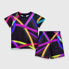 Детский костюм с шортами 3D с принтом Светящиеся полосы в Петрозаводске,  |  | abstract | neon | абстрактно | абстрактный | абстракция | линии | неон | неонка | неоновая | неоновые | неоновый | полоски | полосы | разноцветные | светящиеся | цветные