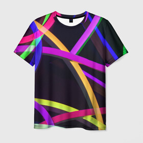 Мужская футболка 3D с принтом Светящиеся полосы в Петрозаводске, 100% полиэфир | прямой крой, круглый вырез горловины, длина до линии бедер | abstract | neon | абстрактно | абстрактный | абстракция | линии | неон | неонка | неоновая | неоновые | неоновый | полоски | полосы | разноцветные | светящиеся | цветные