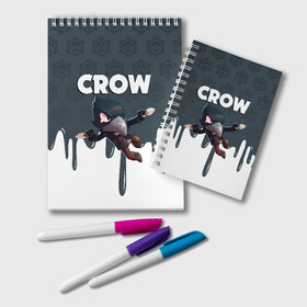 Блокнот с принтом BRAWL STARS CROW в Петрозаводске, 100% бумага | 48 листов, плотность листов — 60 г/м2, плотность картонной обложки — 250 г/м2. Листы скреплены удобной пружинной спиралью. Цвет линий — светло-серый
 | brawl stars | bull | colt | crow | leon | stars | берли | бо | брок | ворон | джесси | динамайк | дэррил | кольт | леон | мортис | нита | пайпер | пенни | поко | пэм | рикошет | спайк | фрэнк | шелли | эль примо