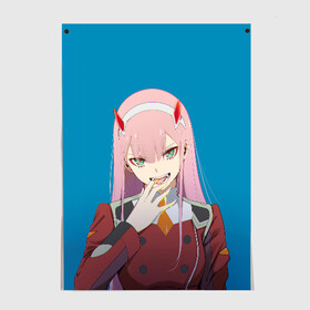 Постер с принтом Darling In The Franxx в Петрозаводске, 100% бумага
 | бумага, плотность 150 мг. Матовая, но за счет высокого коэффициента гладкости имеет небольшой блеск и дает на свету блики, но в отличии от глянцевой бумаги не покрыта лаком | 02 | anime | darling in the franxx | hiro | manga | zero two | аниме | ахегао | любимый во франксе | манга | милый во франксе | ноль два | хиро