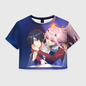 Женская футболка Crop-top 3D с принтом Darling In The Franxx в Петрозаводске, 100% полиэстер | круглая горловина, длина футболки до линии талии, рукава с отворотами | 02 | anime | darling in the franxx | hiro | manga | zero two | аниме | ахегао | любимый во франксе | манга | милый во франксе | ноль два | хиро