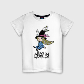 Детская футболка хлопок с принтом Алиса в стране чудес в Петрозаводске, 100% хлопок | круглый вырез горловины, полуприлегающий силуэт, длина до линии бедер | alice | dress | girl | hair | hat | rabbit | ribbon | tale | wings | алиса | бант | волосы | девочка | кролик | крылья | лицо | платье | сказка | шляпа