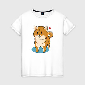 Женская футболка хлопок с принтом Шиба-ину в Петрозаводске, 100% хлопок | прямой крой, круглый вырез горловины, длина до линии бедер, слегка спущенное плечо | милашка | пёсик | пушистик | собака | шиба ину | щенок