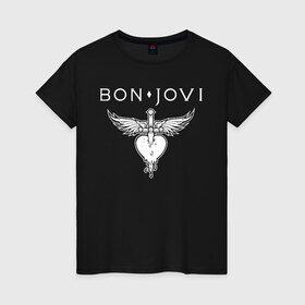 Женская футболка хлопок с принтом Bon Jovi в Петрозаводске, 100% хлопок | прямой крой, круглый вырез горловины, длина до линии бедер, слегка спущенное плечо | bon jovi | john | альбом | арена | бон | бон джови | глэм | группа | джови | джон | метал | музыка | надпись | песни | поп | попрок | рок | рокер | смайл | солист | софт | стена | хард | хеви | хевиметал