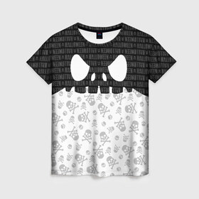 Женская футболка 3D с принтом Halloween в Петрозаводске, 100% полиэфир ( синтетическое хлопкоподобное полотно) | прямой крой, круглый вырез горловины, длина до линии бедер | ghost | halloween | pumpkin | skull | zombie | ведьма | джек | дух | зомби | кельты | кости | криповый | крипота | монстр | нечисть | праздник | привидение | призрак | пугало | скелет | страшный | тень | тыква | хеллоуин
