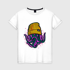 Женская футболка хлопок с принтом Octopus в Петрозаводске, 100% хлопок | прямой крой, круглый вырез горловины, длина до линии бедер, слегка спущенное плечо | emo | lil peep | octopus | purple | rap | rock | в шапке | желтый | монстр | осьминог | тату | татуировка | фиолетовый | щупальца | щупальцы | яркий цвет