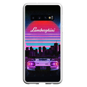 Чехол для Samsung Galaxy S10 с принтом Lamborghini overdrive в Петрозаводске, Силикон | Область печати: задняя сторона чехла, без боковых панелей | 80х | 90х | hotlinemimai | outrun | retrowave | synth | synthwave | гонки | дискотека | драйв | ламборгини | ламборджини | неоновые | ретро | светящиеся | скорость