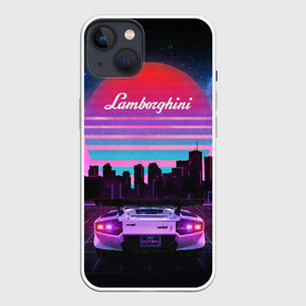 Чехол для iPhone 13 с принтом Lamborghini overdrive в Петрозаводске,  |  | Тематика изображения на принте: 80х | 90х | hotlinemimai | outrun | retrowave | synth | synthwave | гонки | дискотека | драйв | ламборгини | ламборджини | неоновые | ретро | светящиеся | скорость